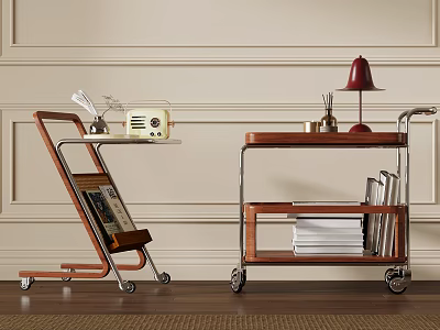 Two Wooden Trolleys With Wheels Shelves Lamp Books And Radio On Cart 3d model