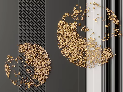 Wall Decor with Golden Particles in Circular Shapes on Black White Striped Background 3d model