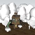 Wooden Treehouse With Multiple Levels Balcony Staircase And Green Slide In Natural Outdoor Setting