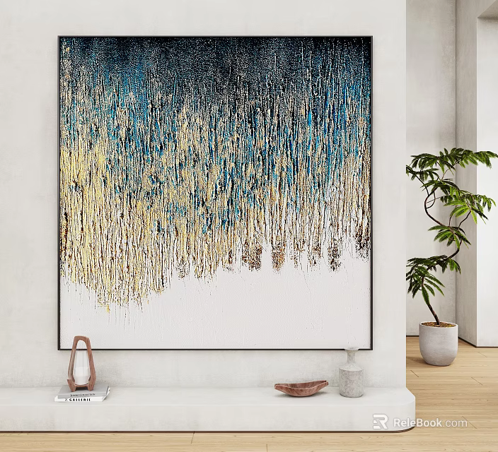 Abstract Landscape Painting with Blue Gold Dripping Texture on White Interior Wall and Green Plant 3d model 