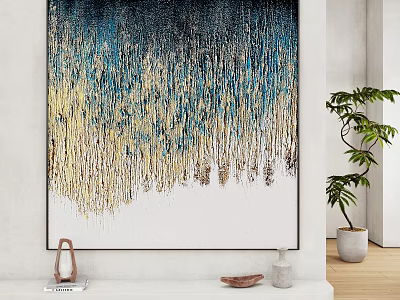 Abstract Landscape Painting with Blue Gold Dripping Texture on White Interior Wall and Green Plant 3d model