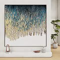 Abstract Landscape Painting with Blue Gold Dripping Texture on White Interior Wall and Green Plant