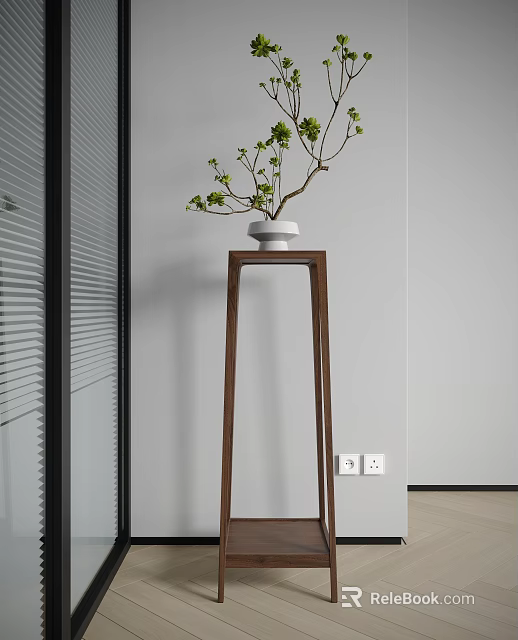 Tall Wooden Plant Stand With White Ceramic Pot And Green Plants In Modern Interior 3d model 