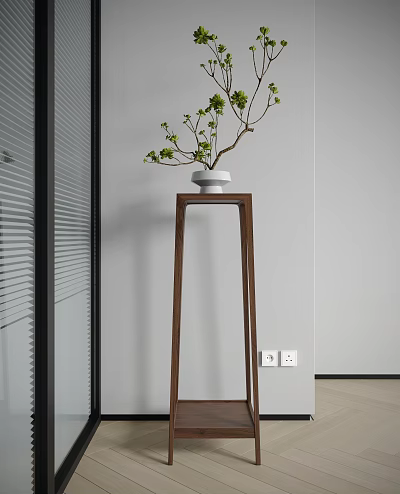 Tall Wooden Plant Stand With White Ceramic Pot And Green Plants In Modern Interior 3d model