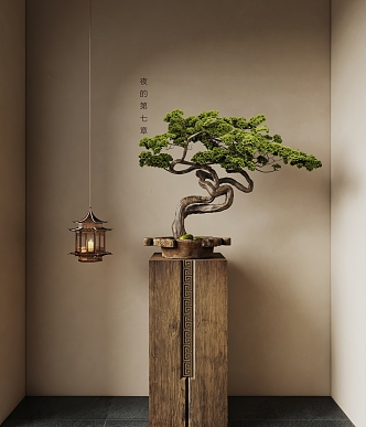 Pine bonsai ancient building chandelier 3d model