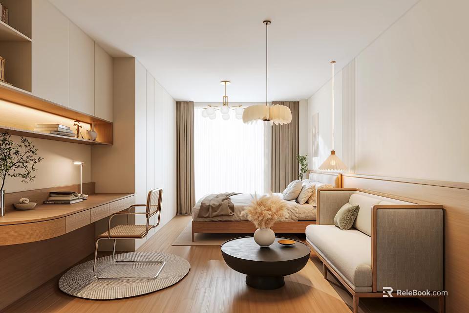 Modern Cozy Apartment Interior With Bed Sofa Desk And Lighting 3d model 