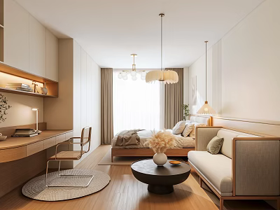 Modern Cozy Apartment Interior With Bed Sofa Desk And Lighting 3d model