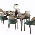Dark Wood Dining Table Set With Six Green Upholstered Chairs And Tableware 3d model