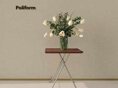 White Flower Potted Plant Placed On Brown Wooden Table Metal Stand Beige Wall 3d model