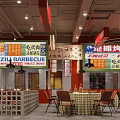 Chinese BBQ Restaurant Interior With Sichuan Snacks Signs Tables Chairs And Hanging Lights