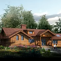 Wooden Houses Set On Green Grass With Blue Sky Brown Roofs And Wooden Siding