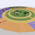 Circular Artistic Installation Featuring Multicolored Rings Central Green Design And Surrounding Orange Purple Details