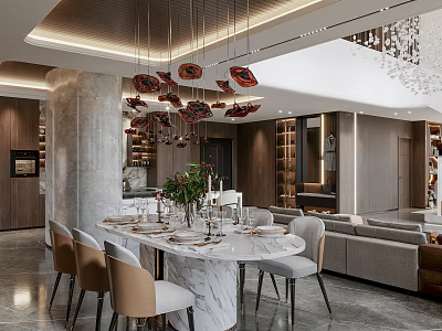 Modern Duplex Living Room Interior Design With Marble Dining Table And Chandelier 3d model