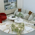 Modern Curved Upholstered Sofa And Marble Coffee Table Set For Cozy Stylish Living Room Furnishing