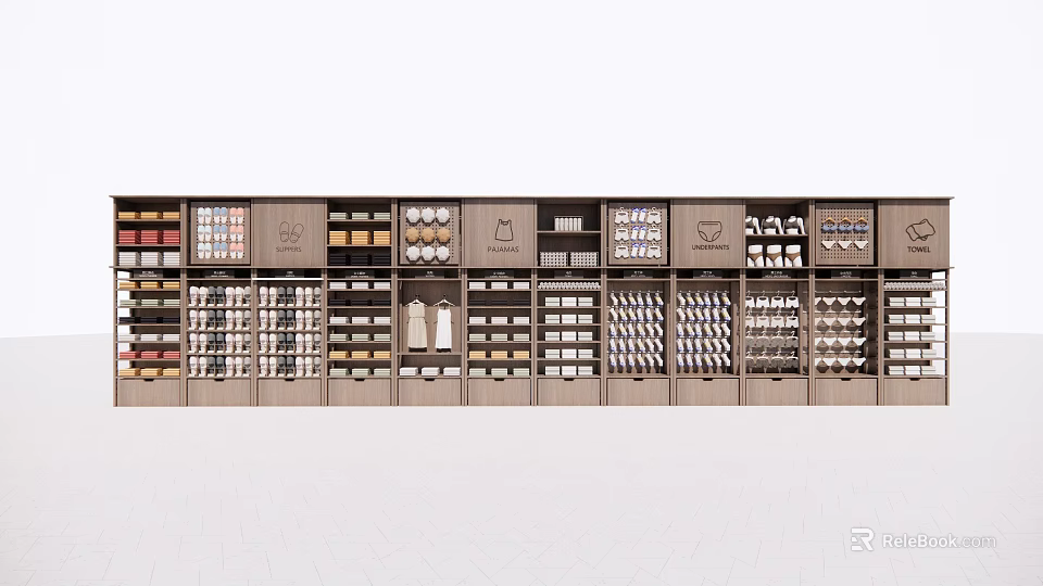 Wooden Multi Tiered Display Shelves With Various Compartments For Retail Store Products 3d model 