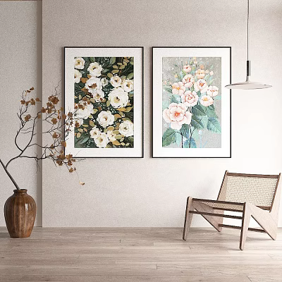 Botanical Flower Paintings Decorate Minimalist Living Room With Chair And Vase 3d model