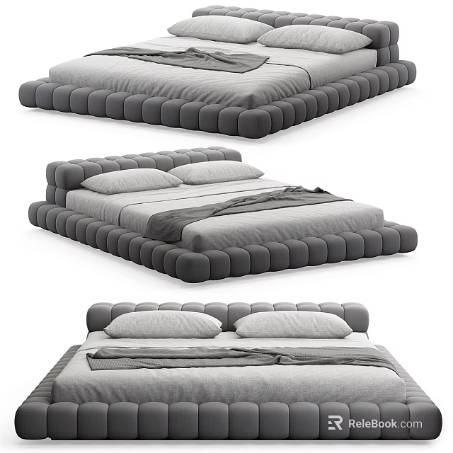Modern Minimalist Double Bed With Padded Frame Upholstered Headboard And Gray Bedding 3d model 