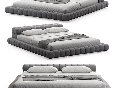 Modern Minimalist Double Bed With Padded Frame Upholstered Headboard And Gray Bedding 3d model