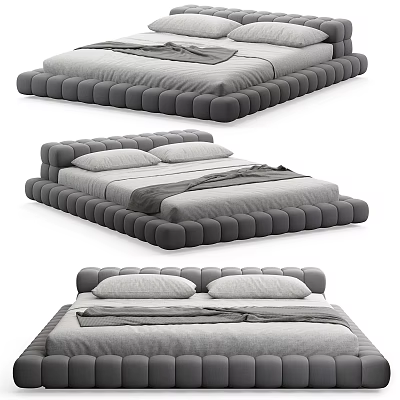 Modern Minimalist Double Bed With Padded Frame Upholstered Headboard And Gray Bedding 3d model