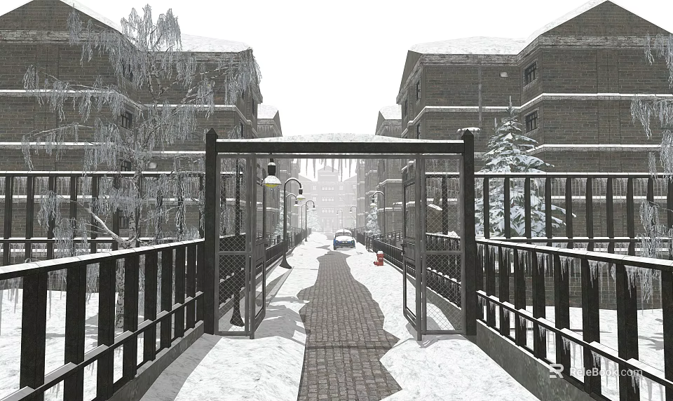 Snow Covered Path Between Buildings With Railings Street Lamp And Small Car 3d model 