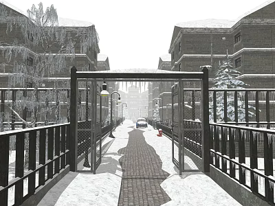 Snow Covered Path Between Buildings With Railings Street Lamp And Small Car 3d model