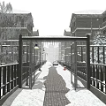 Snow Covered Path Between Buildings With Railings Street Lamp And Small Car