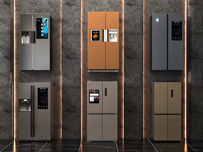 Modern Refrigerators In Various Colors And Sleek Designs Displayed On Wall 3d model