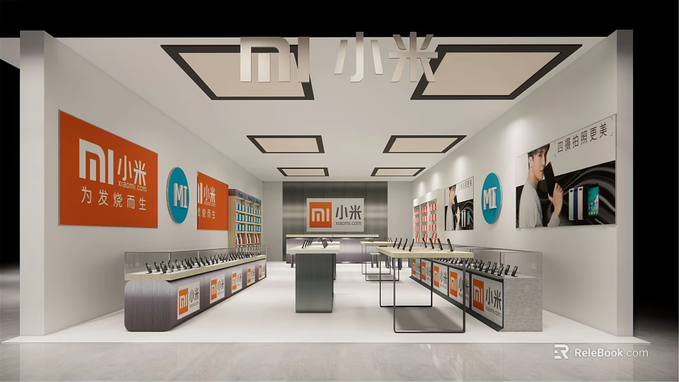 Xiaomi Digital Store Bright Interior With Mobile Phones Digital Products Display Counters And Shelves 3d model 