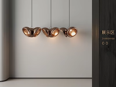 Three Modern Copper Butterfly Shaped Pendant Lights With Warm Glow In Minimalist Interior 3d model