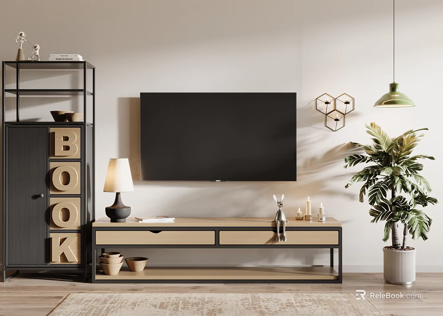 Modern TV Stand with Flat Screen TV Bookshelf Table Lamp and Hexagon Wall Decor 3d model 