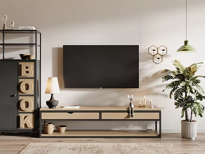 Modern TV Stand with Flat Screen TV Bookshelf Table Lamp and Hexagon Wall Decor 3d model