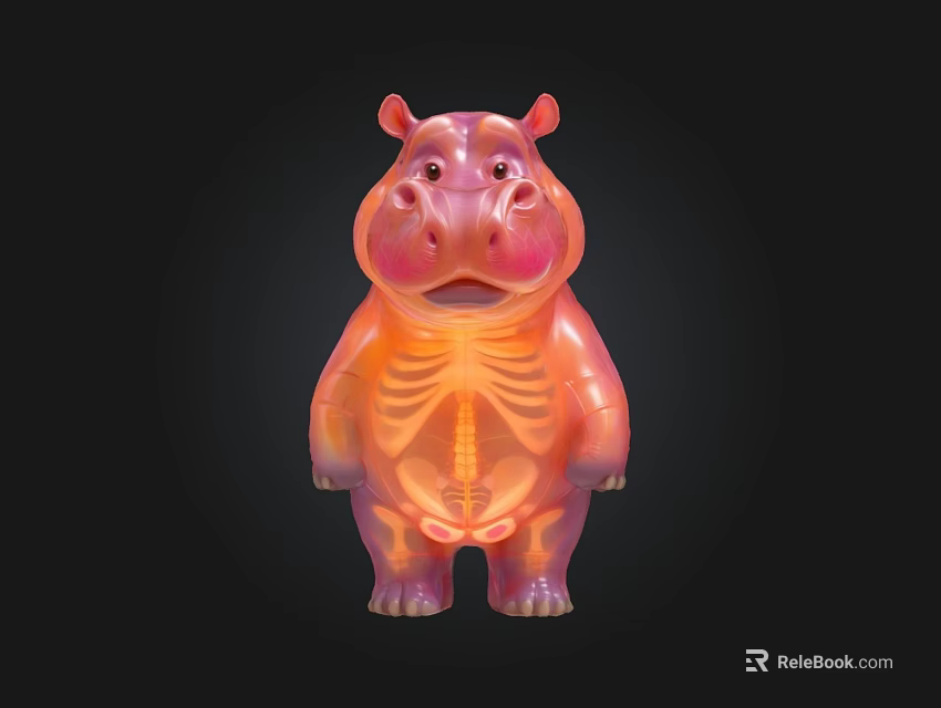 Transparent Hippo Doll With Pink Orange Gradient Color Visible Skeleton Structure On Black Background 3d model 