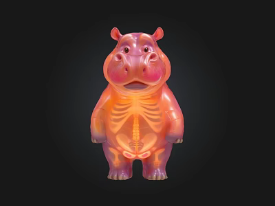 Transparent Hippo Doll With Pink Orange Gradient Color Visible Skeleton Structure On Black Background 3d model