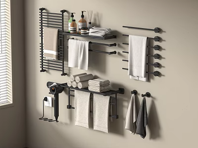 Modern Bathroom Accessories Set With Towel Racks And Storage Shelves 3d model