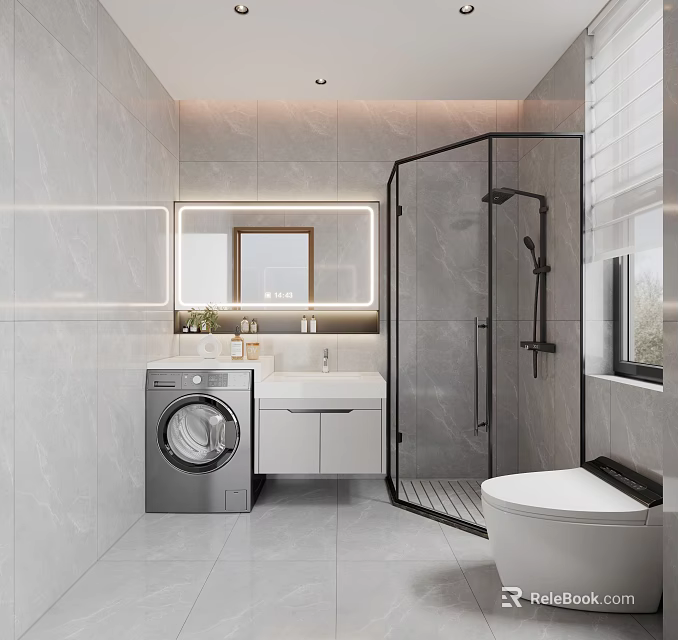 Modern Bathroom Interior With Washing Machine White Vanity Mirror And Glass Shower Enclosure 3d model 