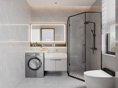 Modern Bathroom Interior With Washing Machine White Vanity Mirror And Glass Shower Enclosure 3d model