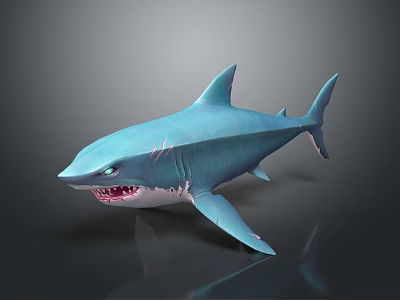 Blue Shark 3D Model with Open Mouth and Sharp Teeth on Dark Background with Reflection 3d model