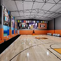 Indoor Basketball Court Interior With Wooden Floor Orange Seats Hoop And Center Logo