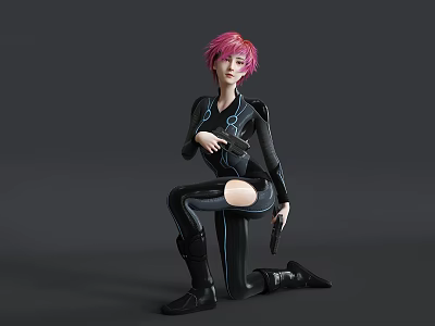 Woman with pink hair in black tight outfit kneeling on one knee holding gun 3d model