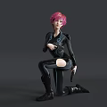 Woman with pink hair in black tight outfit kneeling on one knee holding gun