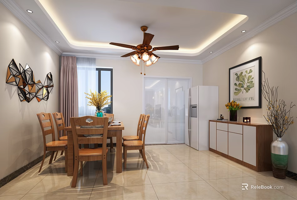 Modern Dining and Living Room with Wooden Table Chairs Ceiling Fan Curtains And Decorative Painting 3d model 