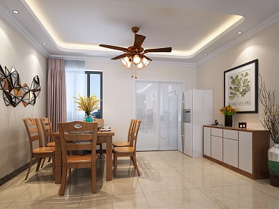 Modern Dining and Living Room with Wooden Table Chairs Ceiling Fan Curtains And Decorative Painting 3d model