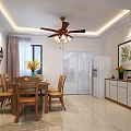 Modern Dining and Living Room with Wooden Table Chairs Ceiling Fan Curtains And Decorative Painting