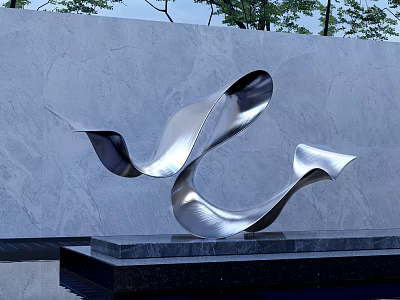 Sleek Silver Metallic Flowing Curved Sculpture On Black Pedestal With Gray Wall Background 3d model