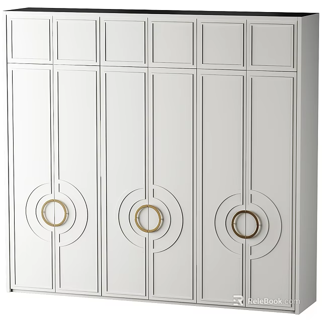 Elegant White Modern Wardrobe Design With Circular Gold Handles And Panel Lines 3d model