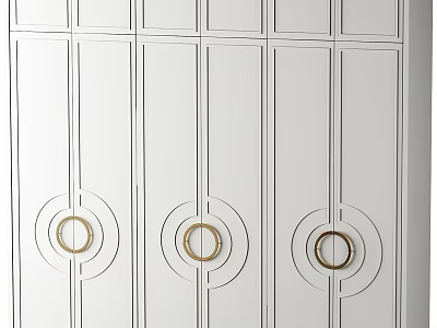 Elegant White Modern Wardrobe Design With Circular Gold Handles And Panel Lines 3d model