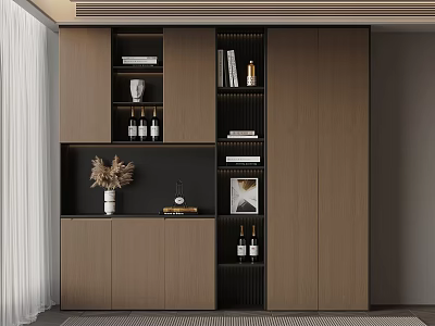 Elegant Modern Wine Cabinet Interior With Wooden Shelves And Decorative Items 3d model