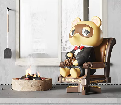 Plush Bear Doll Sitting On Decorative Chair Wearing Suit Bow Tie Near Fireplace With Fire 3d model