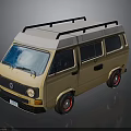 Vintage Yellow Volkswagen Van With White Roof Black Roof Rack And Red Wheels