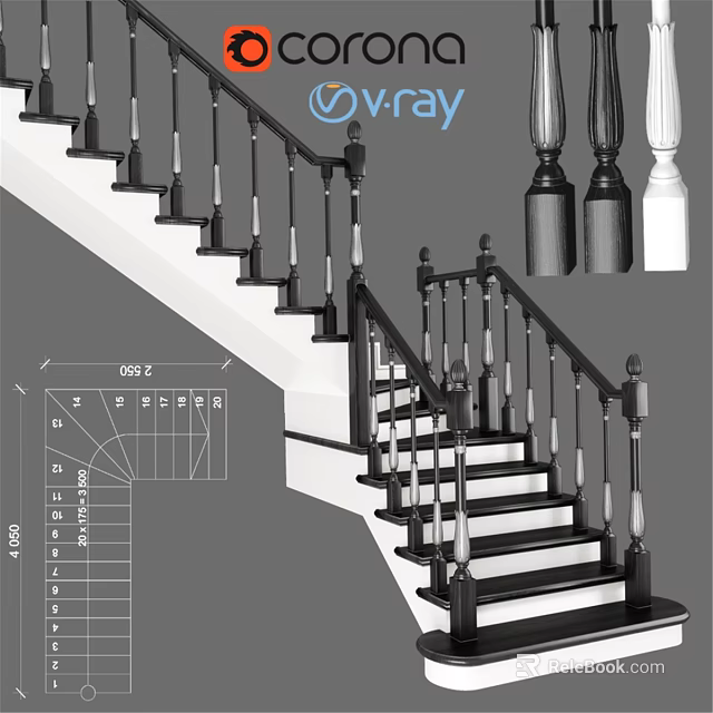 Modern Staircase Design With Handrail Balusters Steps And Dimension Details 3d model 